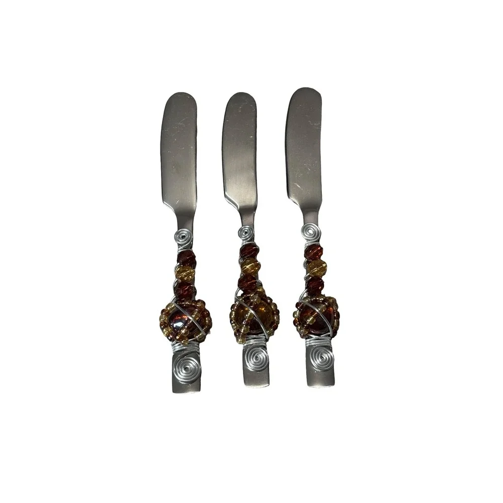 Handcrafted Wire Wrapped Beaded Butter Spreader Set 3 Stainless Steel Amber Gold